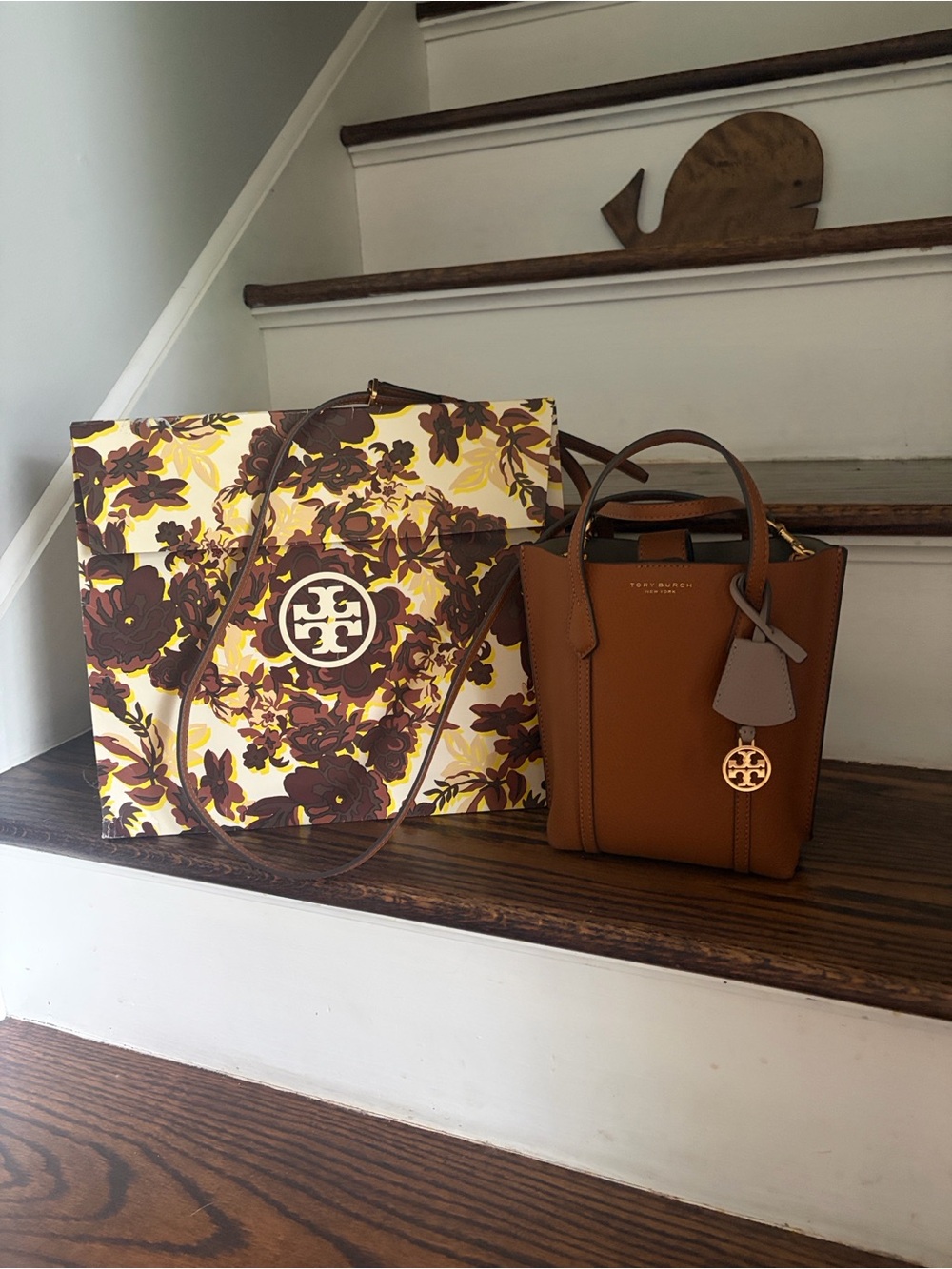 Tory Burch Brown Leather Mini Tote with Gold Logo Charm